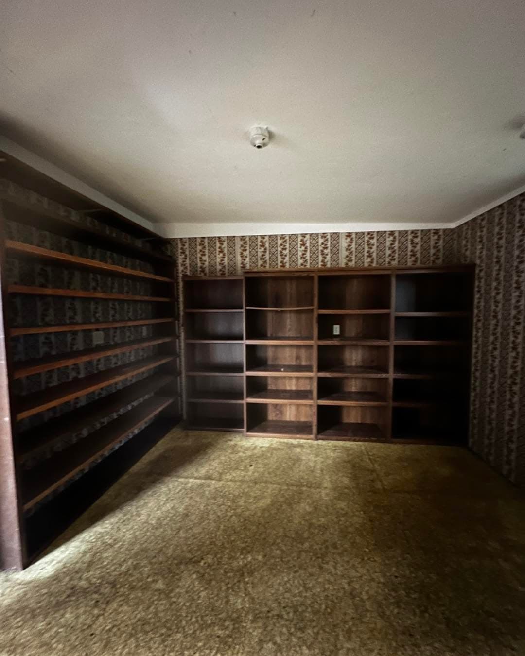 Empty room with wooden bookshelves and patterned wallpaper, featuring a bare floor.