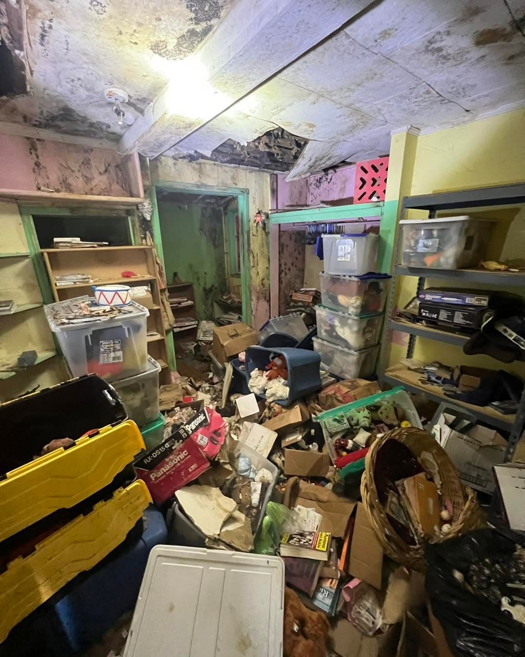 Cluttered basement room with piles of boxes, toys, and moldy walls, in need of organization.